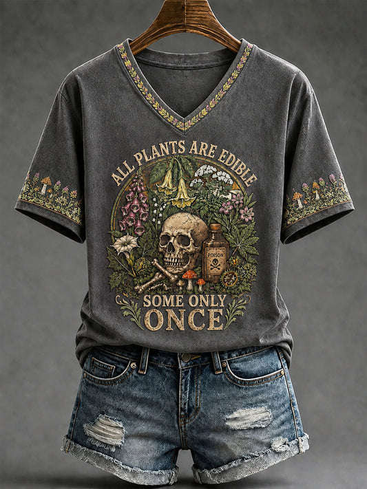 Women's "All Plants Are Edible Some Only Once" Halloween Floral Print Casual T-shirt