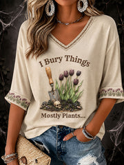 Women's "I Bury Things, Mostly Plants, Sometimes People" Halloween Floral Casual T-shirt