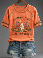 Women's "All Plants Are Edible Some Only Once" Halloween Ghost Floral Print Casual T-shirt
