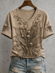 Women's Skull Flowers Gothic Dark Academia Art Print Short-sleeved T-shirt