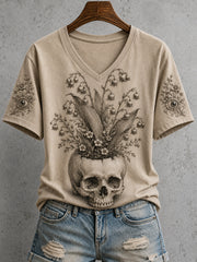 Women's Gothic Floral Skull Dark Academia Halloween Print Short-sleeved T-shirt