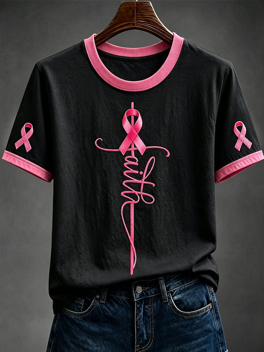 Women's Faith Pink Ribbon Print Round Neck Short-sleeved T-shirt