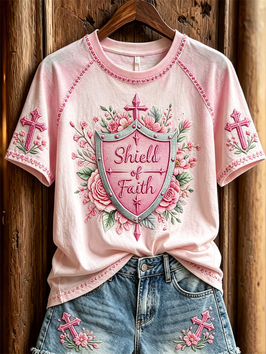 Women's Shield of Faith Pink Floral & Cross Print short sleeve T-shirt