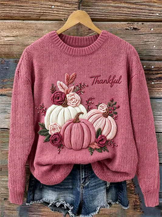 Women's Thankful Pink Fall Pumpkins Floral Print crew neck sweater