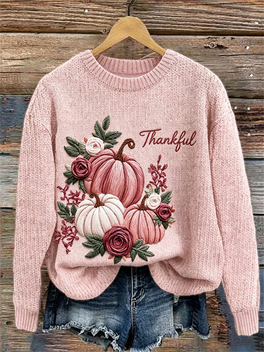 Women's Thankful Pink Fall Pumpkins Floral Print crew neck sweater