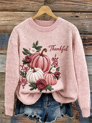 Women's Thankful Pink Fall Pumpkins Floral Print crew neck sweater