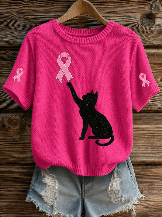 Women's Breast Cancer Awareness Black Cat Short-Sleeve T-Shirt