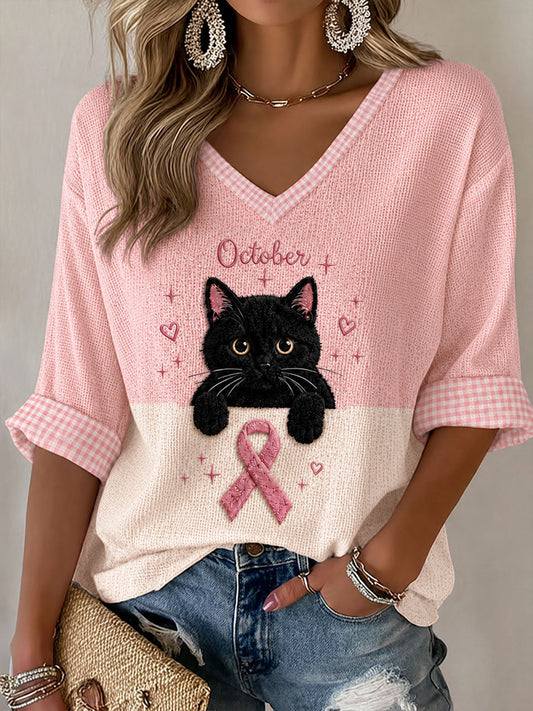 Women's Breast Cancer Cat Art Waffle T-shirt