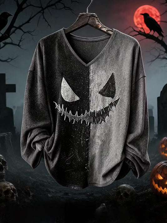 Women's Halloween Print Casual V-Neck Long-Sleeve T-Shirt