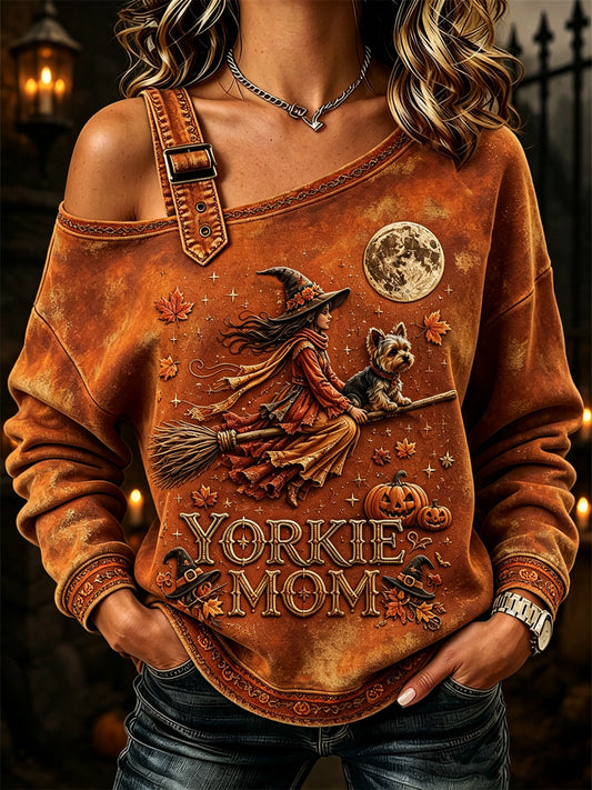 Women's Halloween Fall Yorkie Mom Witch & Dog Print Casual Off-Shoulder Sweatshirt
