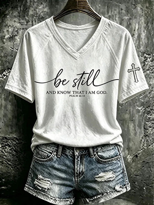 Women's "Be Still And Know That I Am God" Faith V-neck off-shoulder short-sleeved T-shirt
