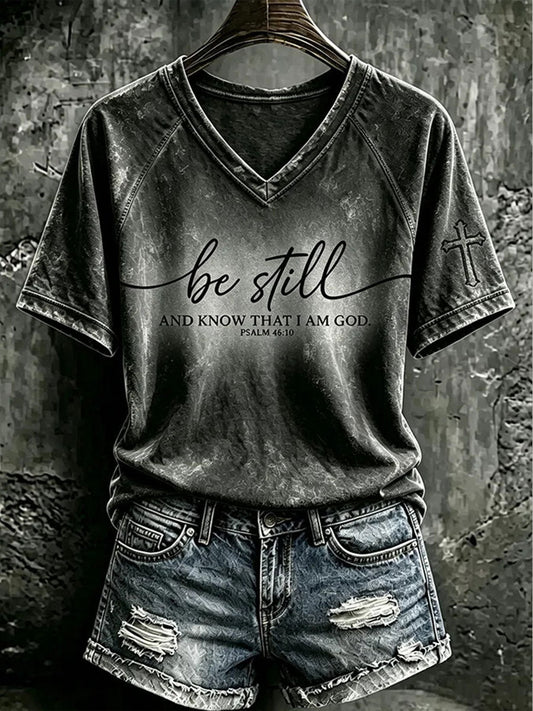 Women's "Be Still And Know That I Am God" Faith V-neck off-shoulder short-sleeved T-shirt