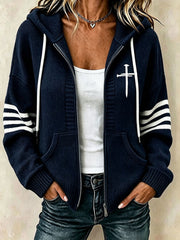 Women's Christian Art Cross Pattern Cozy Knit Hooded Cardigan