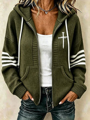 Women's Christian Art Cross Pattern Cozy Knit Hooded Cardigan