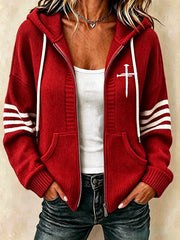 Women's Christian Art Cross Pattern Cozy Knit Hooded Cardigan