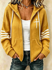 Women's Christian Art Cross Pattern Cozy Knit Hooded Cardigan