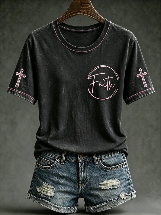 Women's faith-themed pattern print casual short-sleeve T-shirt.