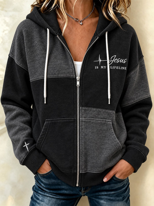 Women's Faith-Themed Color-Blocked Design Casual Zip-Up Hoodie