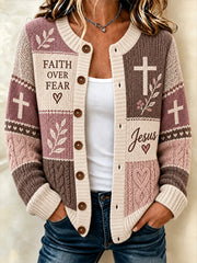 Women's Christian Cross Faith Patchwork Print Casual Cardigan