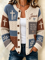 Women's Christian Cross Faith Patchwork Print Casual Cardigan
