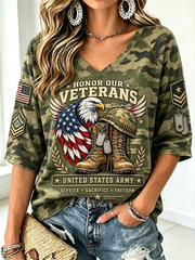 Women's U.S. Veterans Day Printed Mid-length Sleeves V-Neck T-Shirt