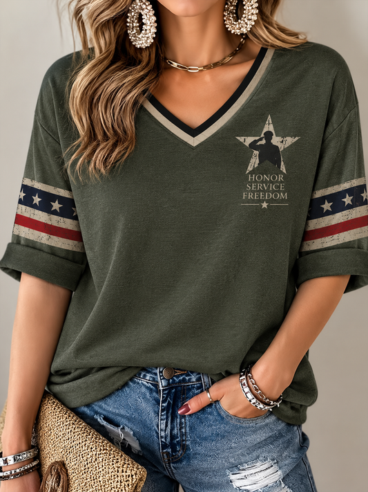 Women's U.S. Veterans Day Printed Mid-length Sleeves V-Neck T-Shirt
