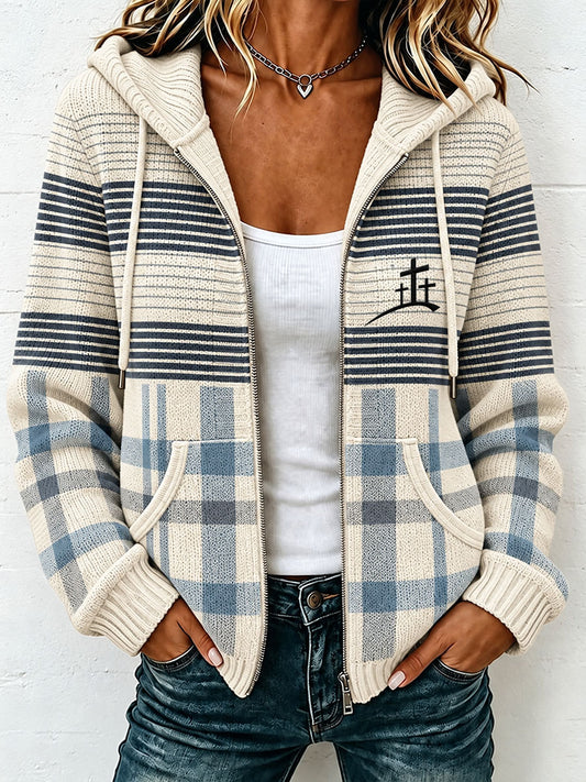 Women's Christian Art Cross-Print Striped Knit Cardigan