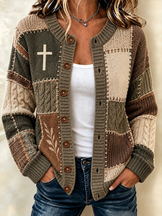 Women's Christian Art Cross Pattern Print Cardigan