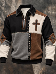 Men's Retro Color Block Patchwork Faith Cross Print Zipper Sweatshirt