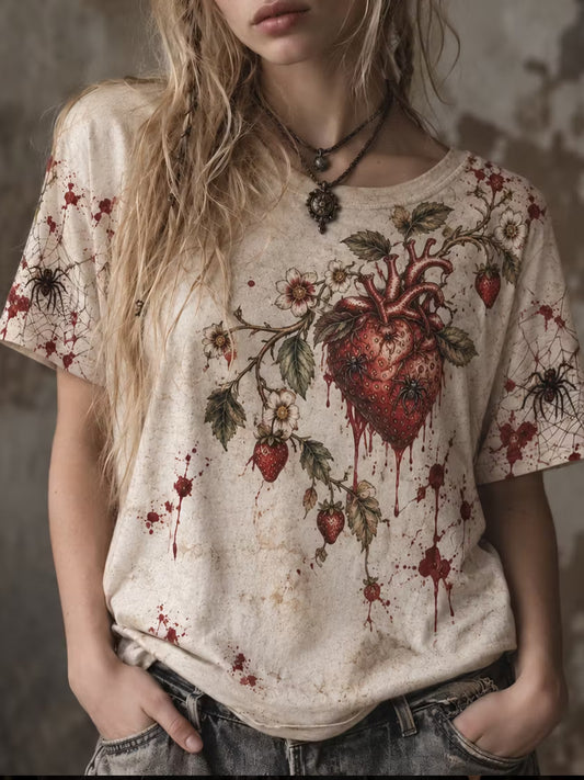 Women's Gothic Halloween Strawberry Heart Pattern Casual Short Sleeve T-shirt
