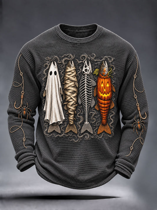 Men's Vintage Spooky Ghost Mummy Bass Print Halloween Waffle Long Sleeve T-Shirt