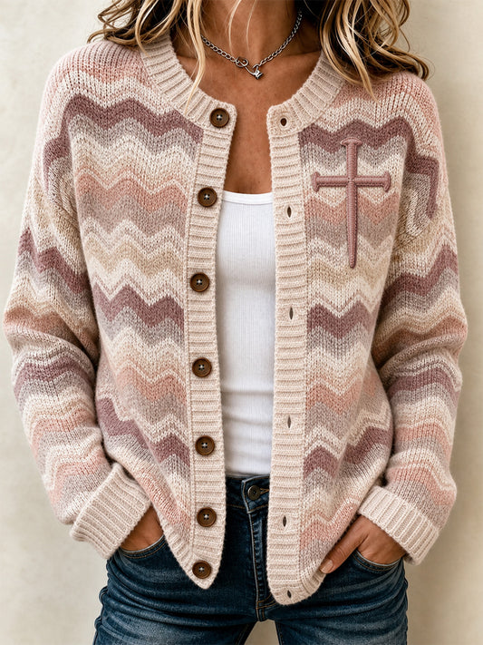 Women's Christian Art Striped Cross Cardigan
