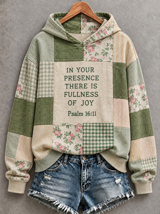 Women's Vintage Cottagecore Floral Patchwork Scripture Print Cozy Hoodie