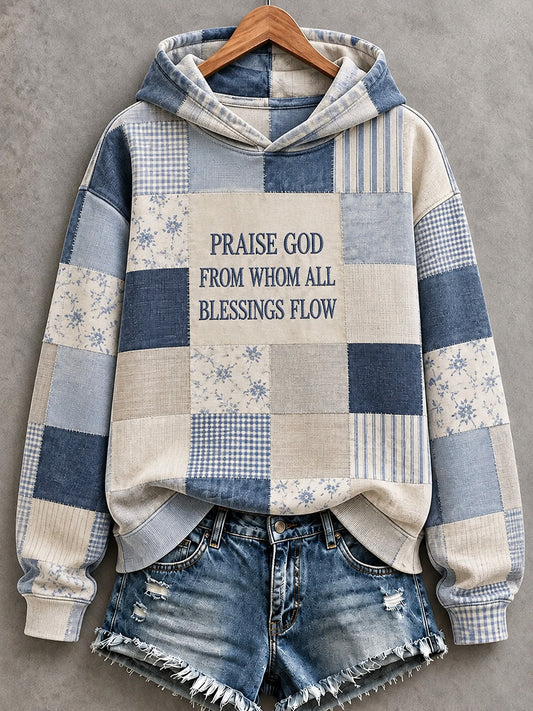 Women's Vintage Cottagecore Floral Patchwork Scripture Print Cozy Hoodie