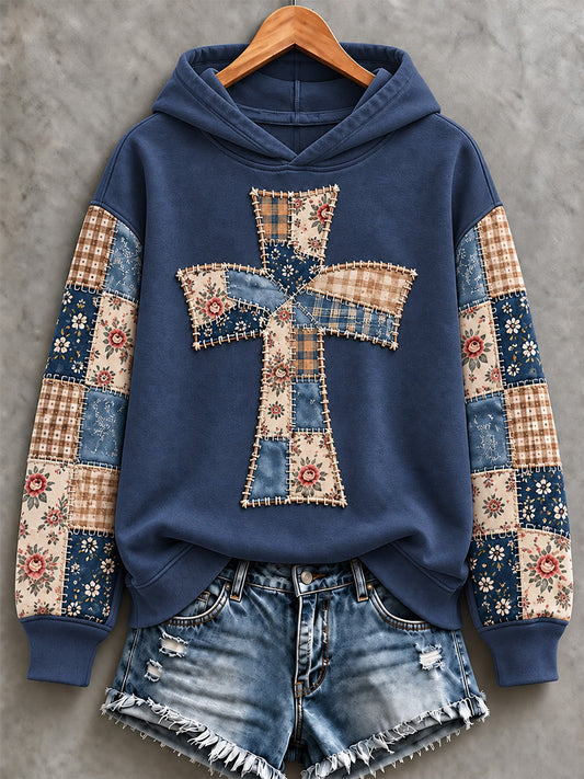 Women's Floral Cross Faith Patchwork Print Casual Sweatshirt