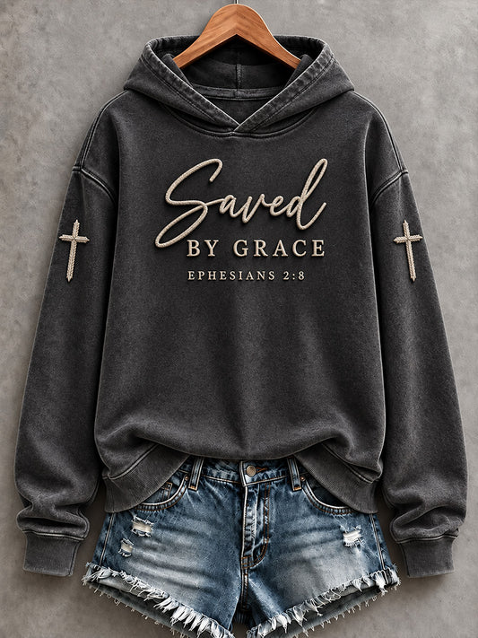 Women's Vintage Saved By Grace Cross Print Hoodie