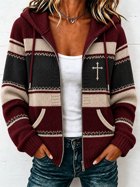 Women's Christian Art Cross Pattern Cozy Knit Hooded Cardigan