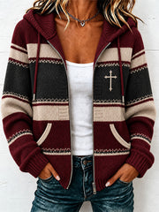 Women's Christian Art Cross Pattern Cozy Knit Hooded Cardigan